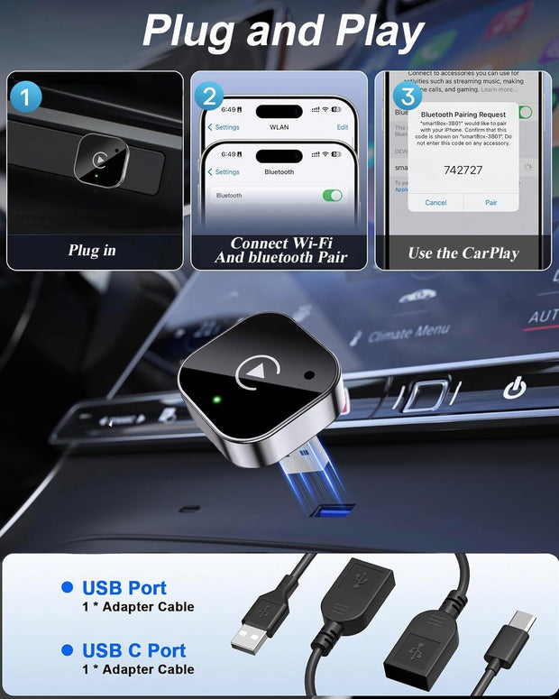 2025 Ultra-Compact Wireless CarPlay & Android Auto Adapter 2-in-1 Plug & Play for Cable-Free Driving