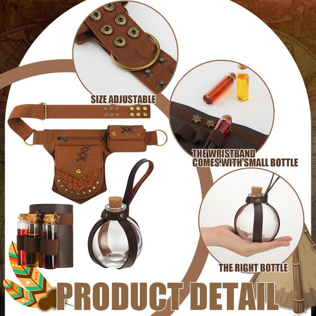 Medieval Renaissance Accessory Set – Lace Pouch, Potion Bottles & Arm Cuff for Cosplay and Halloween