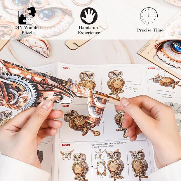 3D Wooden Puzzle Mechanical Owl Clock – Creative DIY Model Kit, Clock Puzzle