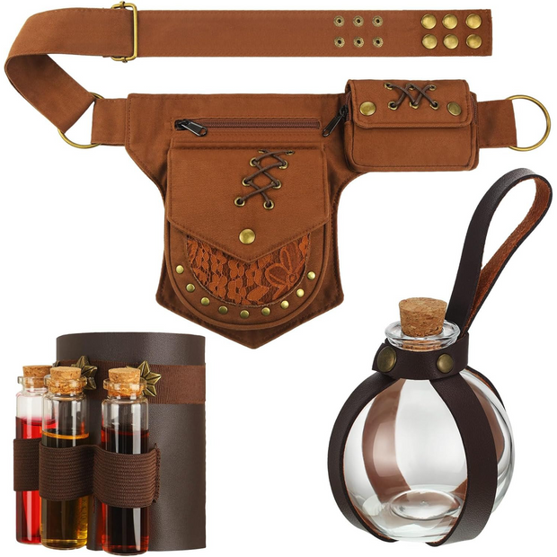 Medieval Renaissance Accessory Set – Lace Pouch, Potion Bottles & Arm Cuff for Cosplay and Halloween